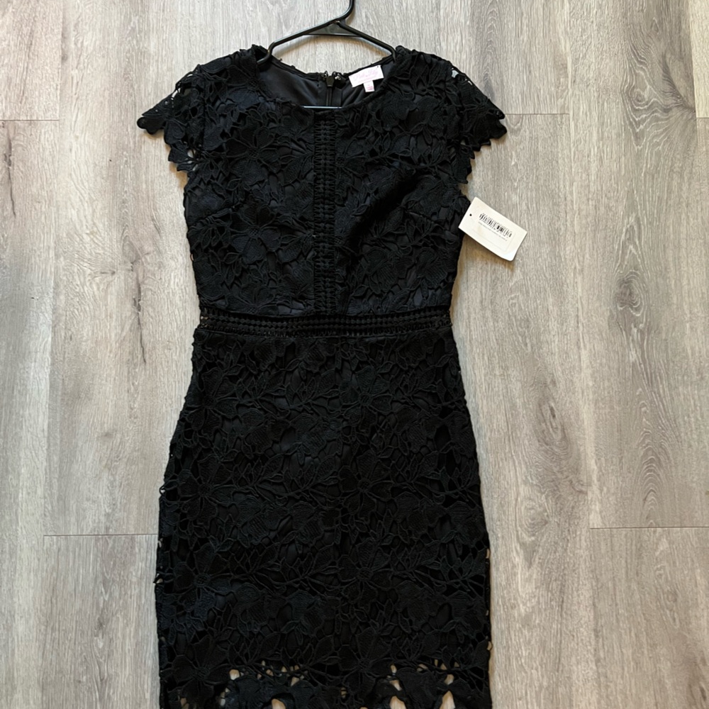 Pink Lily Black Floral Lace Midi Dress